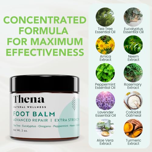 THENA Athlete’s Foot Treatment Balm Extra Strength with Tea Tree Peppermint Neem, Powerful Natural Anti-Itch Foot & Skin Cream Soothes & Relieves Itchy, Dry, Cracked Feet, Heels, Toenails, Jock Itch