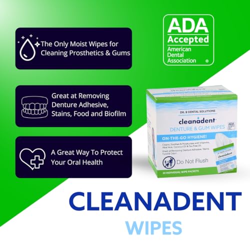 Dr. B Dental Solutions Cleanadent Wipes - Convenient Denture Cleaning Wipes, Refreshes Gums, No Artificial Colors/Flavors - 30 Pack