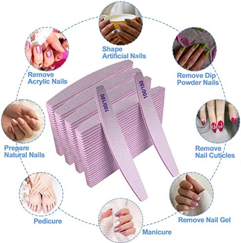 Nail Files (100 Pcs), 100/180 Grit Nail File Emery Board Bulk for Acrylic Nails and Natural Nails, Limas para Unas Acrilicas Profesional Pack Filers for Gel Nail Double Sided Manicure Curved Gray