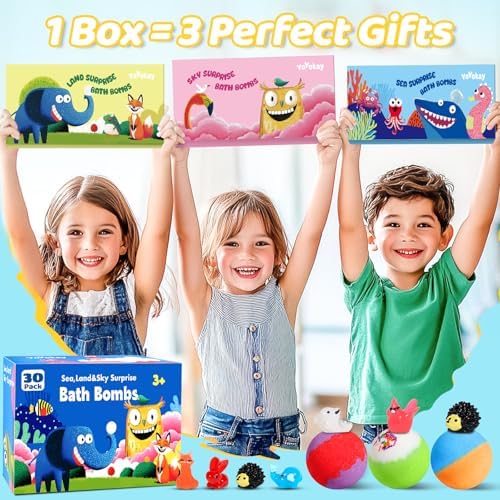 Bath Bombs for Kids with Toys Inside, 30 Pack Kids Bath Bombs Gift Set with 30 Sea & Land & Sky Animal Surprise Toy, Natural Organic Bubble Bath Toys for Kid, Birthday Gifts for Girls Boys