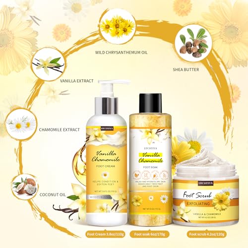 LUCOTIYA Foot Soak Set Pedicure Kit, Vanilla chamomile Foot Soak Salts,Foot File,Foot Scrub & Urea Foot Cream,Pedicure Supplies for Dry Cracked Feet for Women