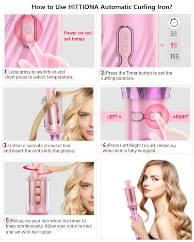 Automatic Curling Iron Hair Curler - HITTIONA Rotating Curling Iron Wand 1 Inch with 12 Temps 3 Timer, Anti-Scald, Anti-Tangle Hair Wand Curlers for Lasting Curls Waves, Dual Voltage (Pink+Purple)