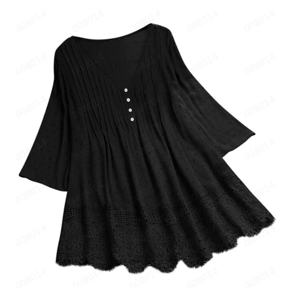 Aniywn Women Round Neck Lace Up Lace Patchwork Flare Pullover Top Casual Plus Size 3/4 Sleeve Floral Printed T-Shirt