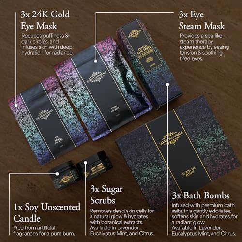 The Mini Spa Retreat - Home Spa Kit Including 24K Gold Eye Mask, Bath Bombs & Sugar Scrubs, Candle & Self-Heating Steam Eye Mask - Pampering, Relaxation & Self Care Gifts for Women