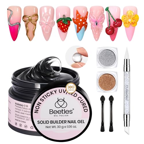 Beetles Solid Builder Nail Gel, 1.06 OZ Clear Hard Gel Non-Sticky Sculpting Gel, 3D Gel Nail Art Building Gel with Chrome Nail Powder, Nail Art Sculpture Pen Gift for Women