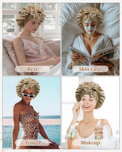 Satin Bonnet for Sleeping Women Silk Sleep Bonnet for Curly Hair Wrap with Elastic Tie Band Night Cap Coffee