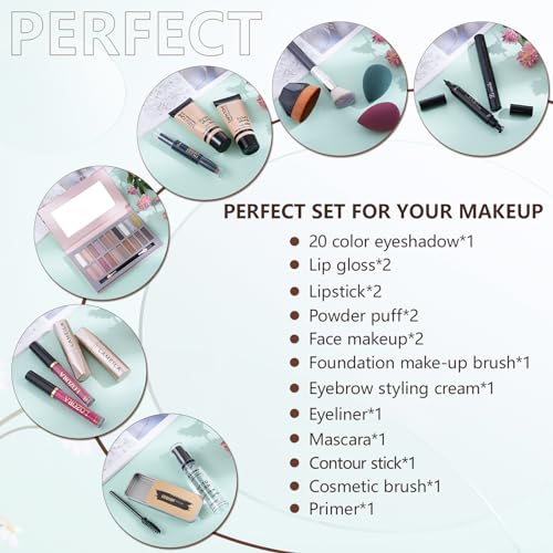 Makeup Kit for Teens for Women Full Kit Includes 20 Colors Eyeshadow Palette Foundation & Face Primer Makeup Sponge Eyebrow Soap Winged Eyeliner Stamp Gift Set
