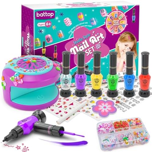 BATTOP Kids Nail Art Kit for Girls Ages 7-12 with Nail Dryer & 2 in 1 Water Based Nail Polish Pen & 3D Decoration & Sticker and Nail Flier - Idea Birthday Gifts for Girls 7 8 9 10 11 12