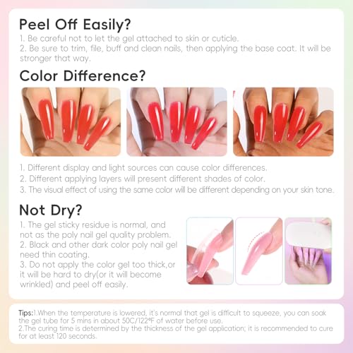 PEACECOLOR 45Pcs Poly Nail Gel Kit with U V Light, 25 Colors Glitter Pink Nude Blue Green Nail Extension Gel Starter Kit with Slip Solution Glossy Matte Top Coat DIY Home Salon