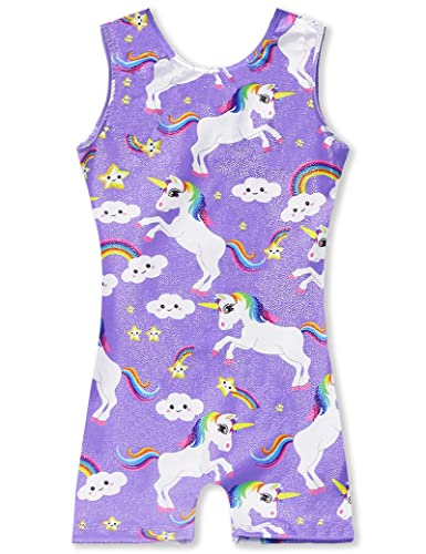 TENVDA Gymnastics Leotards or Girls Biketards Size 5-6 Years Old Sparkle Purple Unicorn Print Workout Unitards
