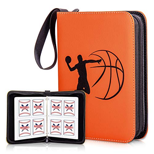 CLOVERCAT 4 Pocket Waterproof Trading Card Binder, Trading Album Display Holder, Expandable, 720 Double Sided Pocket Album, Compatible with Gaming Cards (4 Pocket, 400 Cards, Basketball Theme, Orange)