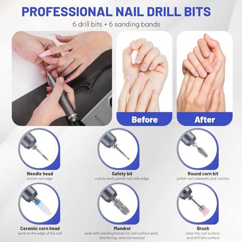 Aokitec Nail Drill 400000 RPM - Rechargeable Electric Nail File with Nail Drill Bits for Dip Powder Acrylic Nails Gel Polish, Manicure Pedicure Nail Art Tool for Prep&Removal, Nail Tech Must Haves