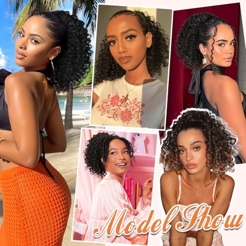 Lommel Ponytail Extension for Black Women,10 Inch Drawstring Ponytail for Black Women Curly Pony Tails Hair Extensions for Womens Afro Kinky Curly Hair Pieces for Daily Use(Brown Black)