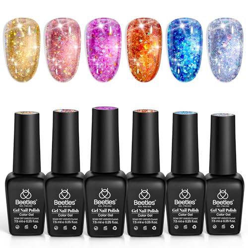 Beetles Glitter Gel Nail Polish 6 Colors Orange Gold Hot Pink Blue Shimmer Silver Colors Sparkly Shiny UV Gel LED Nail Lamp Gel Polish Kit for Home DIY Nail Designs