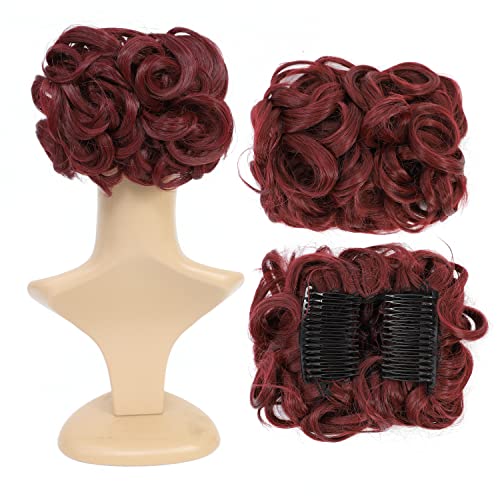 SWACC Short Messy Curly Dish Hair Bun Extension Easy Stretch hair Combs Clip in Ponytail Extension Scrunchie Chignon Tray Ponytail Hairpieces (Dark Wine Red-99J#)