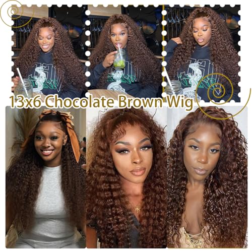30 Inch Chocolate Brown Deep Wave Lace Front Wigs Human Hair 220 Density 13x6 HD Lace Frontal Wig Curly Human Hair Pre Plucked Wig for Women Brown Glueless with Natural Hairline