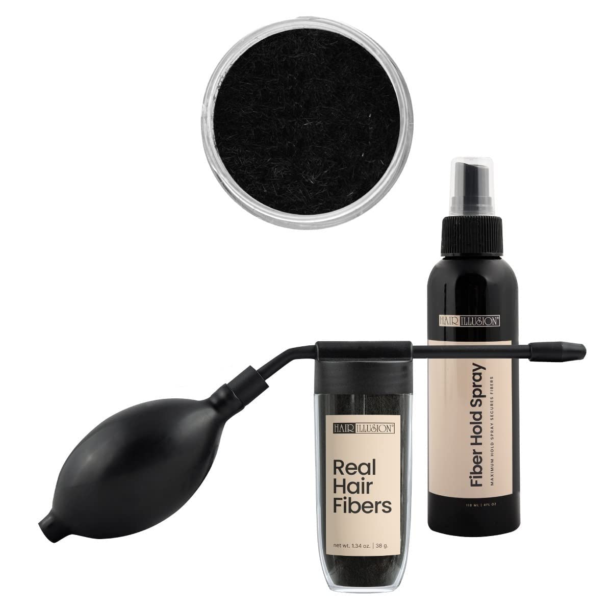 Hair Illusion Combo Kit - Hold Spray, 38g Hair Fiber Bottle, Applicator & Hairline Optimizer (Jet Black)