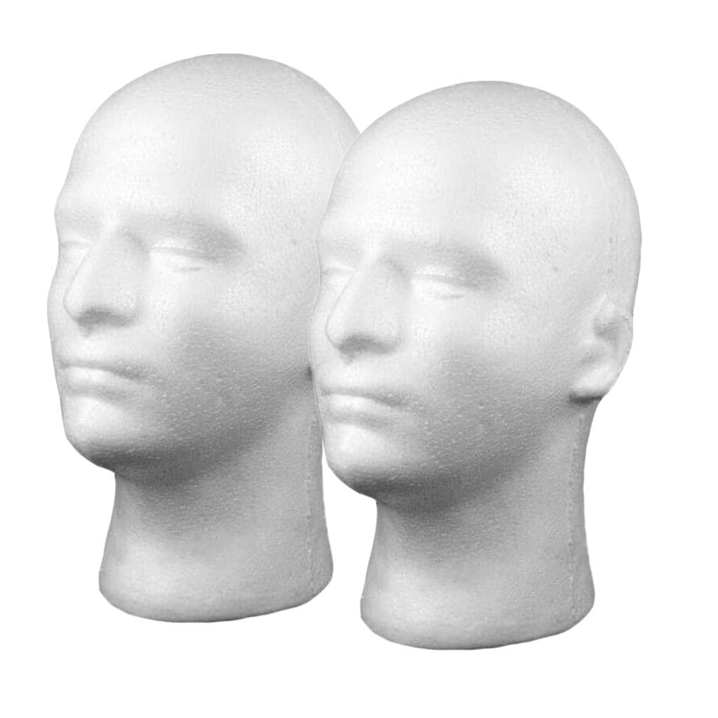 Male Foam Head Mannequin - Styrofoam Head Display Wig Stands for Wigs Hats Halloween Decoration (White, 2pcs)