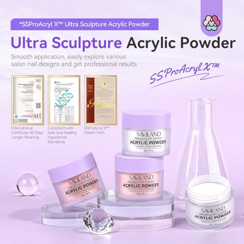SAVILAND Acrylic Powder: 4PCS 1oz 30g Clear White Nudes Pink Colored Acrylic Nail Powder Keratin Acrylic Powder Set Professional Nail Powder for Nail Extension Carving 3D Nail Art Manicure Salon