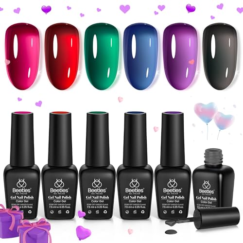 beetles Gel Polish 6 Colors Jelly Gel Nail Polish, Pink Red Black Blue Green Purple Sheer Jelly Gel Polish Translucent Effect Nail Concealer Spring Summer Gel Soak Off UV Manicure Gift for Women