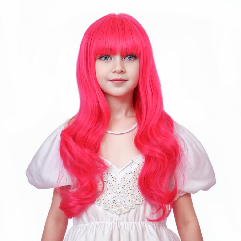Ufindcos Pink Wig with Bangs for Kids Long Wavy Rose Red Hair Wigs for Child 22 inches Neon Pink Curly Wig for Girls Synthetic Magenta Wig with Wig Cap