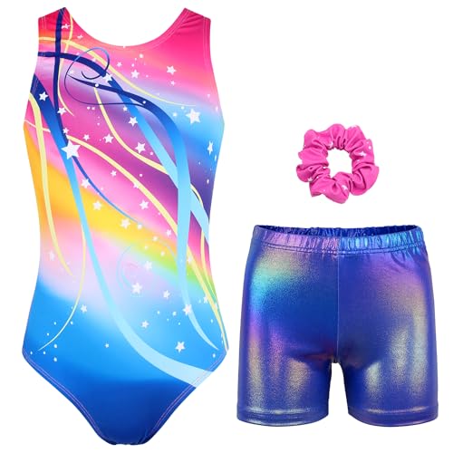 MODAFANS Gymnastics Leotards for Girls with Shorts Ballet Dance Set Activewear Star-Rainbow,4-5Years