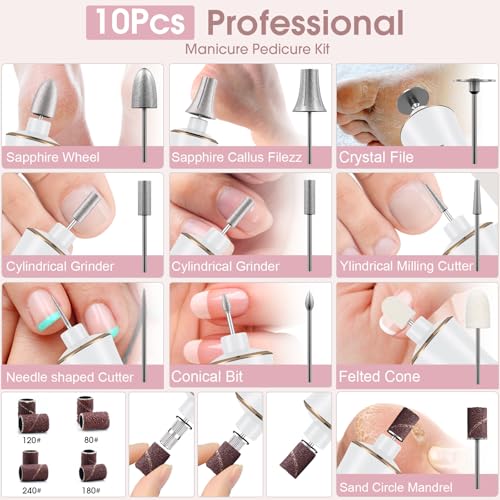 Professional Manicure Pedicure Kit, Cordless Electric Nail Drill with 360° LED light&10 Speeds, Rechargeable Pedicure Tools for feet, Hand Foot Care Nail Drill for Thick Nail Toenail Cuticle Women Men