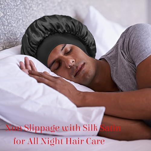 2pcs Bonnet for Men, Bonnets for Women, Satin Silk Hair Bonnet for Sleeping, Reversible Double Layer Wide Band Sleep Cap for Curly Hair Braids
