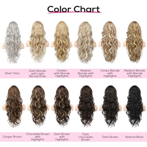 REECHO Ponytail Extension, 24" Claw Clip in Ponytail Extensions Long Curly Wavy Ponytail Hair Extension Jaw Clip on Pony Tails Hairpiece for Women - Medium Blonde with Blonde Highlights