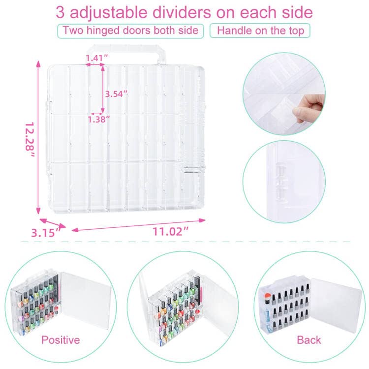 JIASHENG Nail Polish Organizer Case for 48 Bottles, Gel Nail Polish Storage Holder Double Side Adjustable Space Divider for Acrylic Nail Gel Dip Powder Tips Set with Two Toe Separator