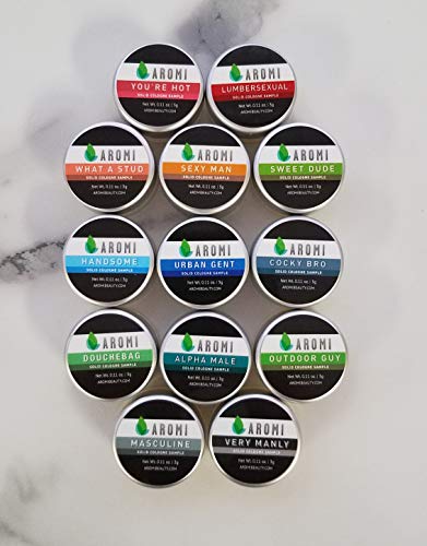 Aromi Handmade Men's Solid Cologne Set with 13 Samples, Long Lasting Vegan Fragrance for Day, Night, Wax Perfume, Gift, Travel,