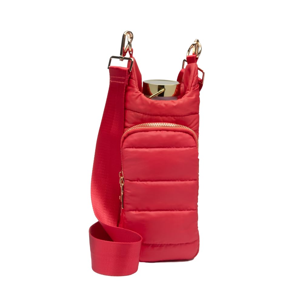 WanderFull Original Crossbody HydroBag | Quilted Water Bottle Carrier & Adjustable Strap | Puffer Tote with Two Pockets for Phone, Accessories & Travel Essentials (Poppy Red)