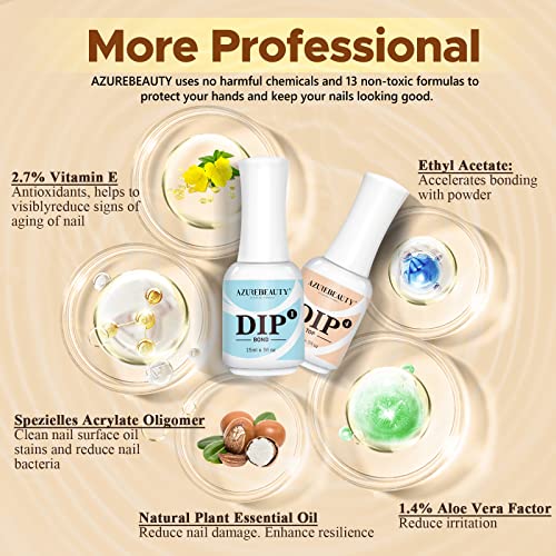 AZUREBEAUTY 5 Pcs Dip Powder Liquid Set - 15ml/0.5oz Large Capacity Dip Base Coat, Top Coat, Bond, Activator, Brush Saver for Dip Nail Kit Salon Home No Nail Lamp Needed