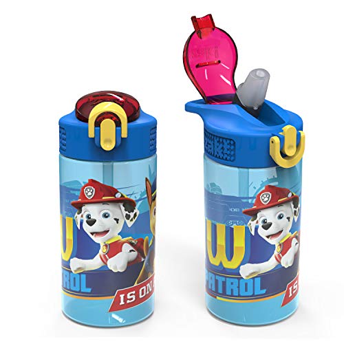 Zak Designs PAW Patrol Kids Water Bottle with Spout Cover and Built-in Carrying Loop, Durable Plastic, Leak-Proof Water Bottle Design for Travel (16 oz, 2-Pack, Non-BPA, Marshall)