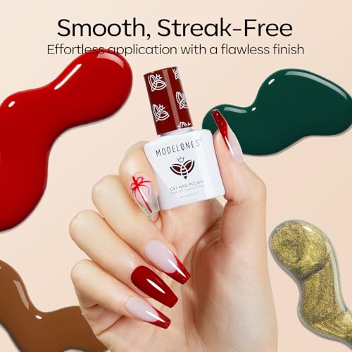 Modelones Gel Nail Polish Kit with U V Light, Green Red Gold Cat Eye Manicure Set with Base Top Coat Stickers 4 Colors Magnetic Gel Mini Salon DIY Nail Art Starter Holiday Gift for Women Girls