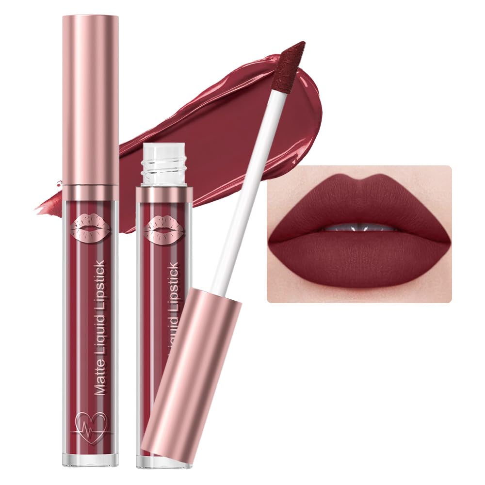 Hxssll Matte Liquid Lipstick and Lip Plumper Makeup Set, Long-Lasting Wear Non-Stick Cup Not Fade Waterproof Lip Gloss Lip Gloss Set Suitable for Women 06#(Dark red)