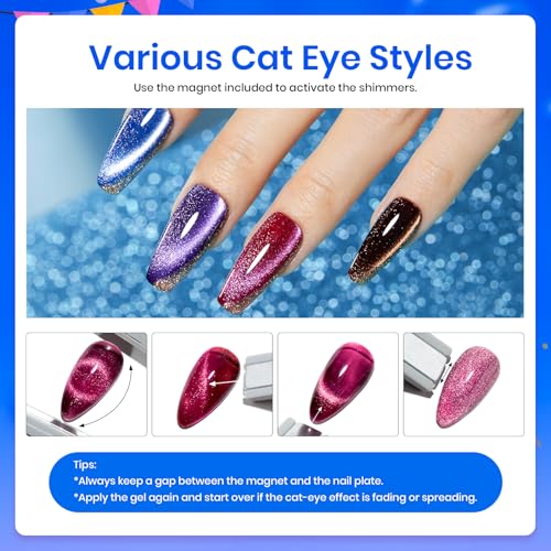 Beetles Cat Eye Gel Nail Polish Set-36 Colors Red Purple Brown Green Burgundy Magnetic Gel Nail Polish with Base Gel Glossy Matte Top Coat Magnet,Soak off UV Nail Gel DIY Nail Art Gift for Women
