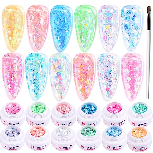 Glitter Gel Nail Polish Set -12 Colors Sparkle Sequins Gel Polish Resplendent Colorful Trendy Translucent Glitter Solid Nail Polish Kit Soak Off UV LED for Home DIY Salon with Brush