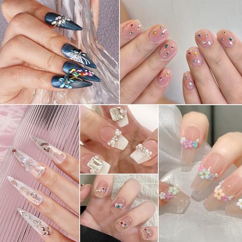12 Boxes Nail Art Kit, Colorful Crystal Rhinestones Nail Jewels Flatback Pearls Acrylic Flower Nail Charms Caviar Beads 3D Metal Gold Studs Rivet Holographic Iridescent Sequins with Pickup Tools