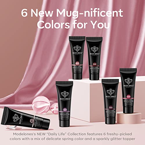 Modelones Poly Nail Gel Set, 6 Colors Peach Pink Burgundy Red Halloween Poly Extension Gel Nail Enhancement Builder Red Collection French Manicure DIY Home Salon Beauty Gift