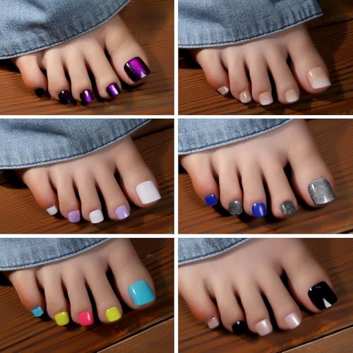 FANDAMEI Press On Toenails - 24 Colors Short Square, French Tips Cat Eye Toe Nail Press Ons for Women & Girls, Red Fake Toe Nails, Ombre Glossy Visual Effect