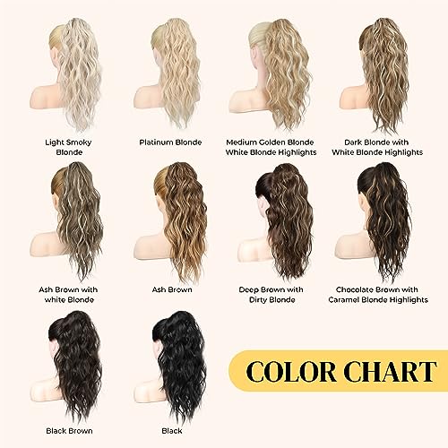 LONAI Ponytail Extension, 18" Wavy Claw Clip Ponytail Extensions Shoulder Length Curly Wavy Claw Clip in Pony tail Hair Extensions Pony tails Hairpieces-Dark Blonde with Blonde Highlights