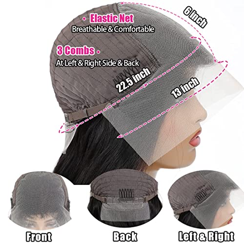 13x6 Deep Wave Lace Front Wigs Human Hair Wigs HD Transparent Deep Curly Lace Frontal Glueless Wigs Human Hair Lace Front Wigs Pre Plucked 200% Density Natural Black 24 Inch