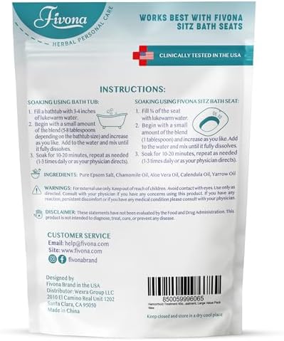 Hemorrhoid Treatment 40oz, Fivona Sitz Bath Salts, Postpartum Soaking Blend Epsom Salt with All Natural Oils for Self Care, Bartholin Cyst Treatment, Large Value Pack
