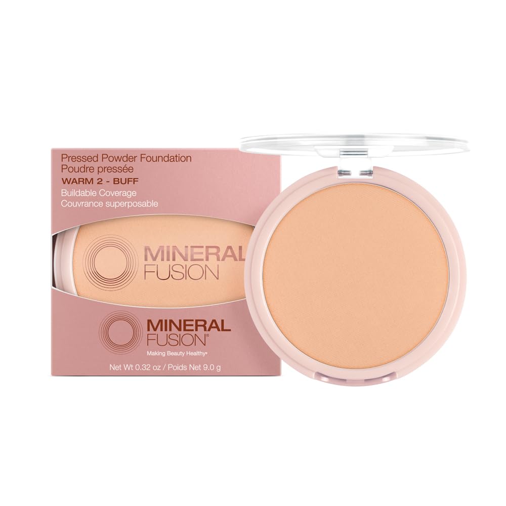 Mineral Fusion Pressed Powder Foundation, Warm 2 - Med Skin w/Yellowish Undertones, Age Defying Foundation Makeup with Matte Finish, Talc Free Face Powder, Hypoallergenic, Cruelty-Free, 0.32 Oz
