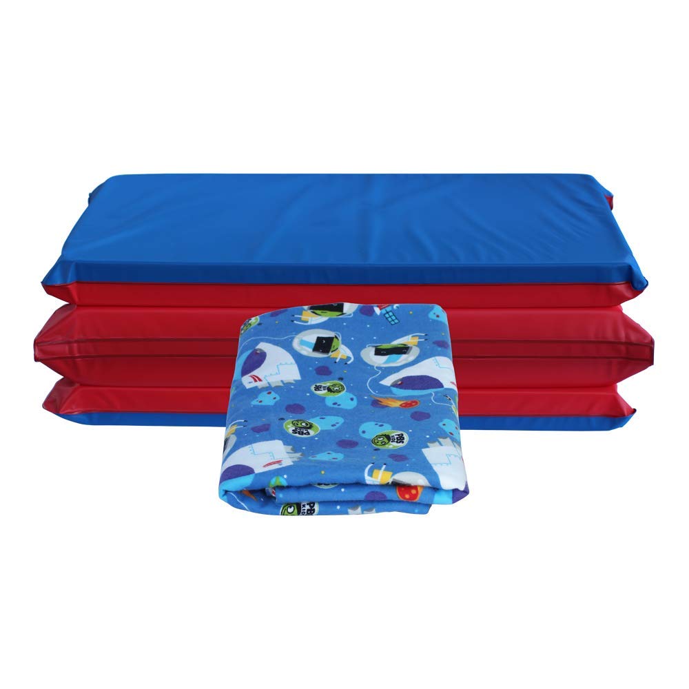 KinderMat 1.5" Thick + PBS Kids Kinderbundle - Washable Cover, Special Edition - Space Explorer - Regular, Sheet is 47" x 22", Value Bundle Great for Daycare & Family Households