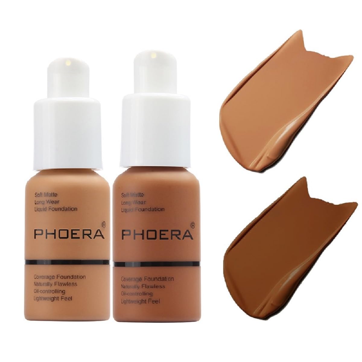 2 Pack PHOERA Foundation 108# Tan and 109# Mocha,Flawless Soft Matte Liquid Foundation 24 HR Oil Control Concealer Foundation Makeup.