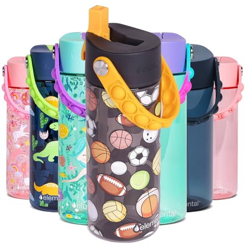 Elemental Leak Proof Water Bottles for Kids - Splash Kids Water Bottle for School with Fun Fidget Pop-it Handle - BPA Free Tritan Plastic Reusable Water Bottle with Straw - Sports Ball - 18oz