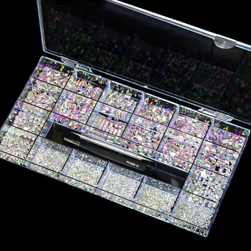 12 Types of 600 Crystal AB Diamonds + 2500 Flat Rhinestones Mix 20 Styles Flatback DIY Crafts Rhinestone Crystals 3D Ornaments Flat Back Stones Set + Tweezers + Drill Pen