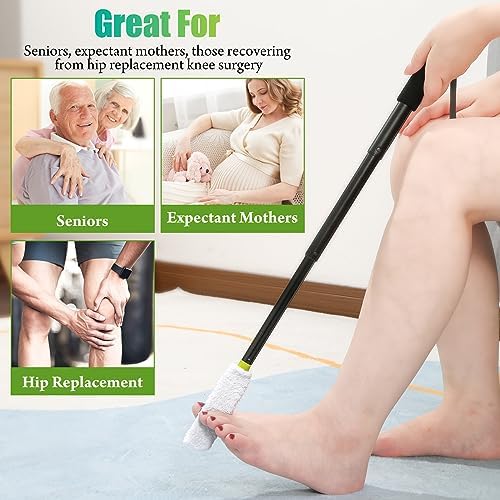 Toe Cleaning Brush,Foot Brush with Reusable Drying Covers.Foot Scrubber with Telescopic Aluminum Alloy 12"-24",Long- Handled Toe Lotion Applicator for Seniors,Elderly, Disabled Men and Women
